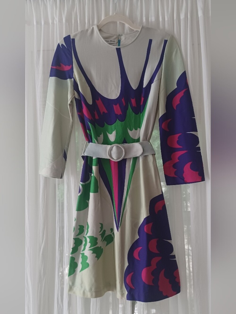 Hanae Mori Vintage Multicolor Print Dress with Belt